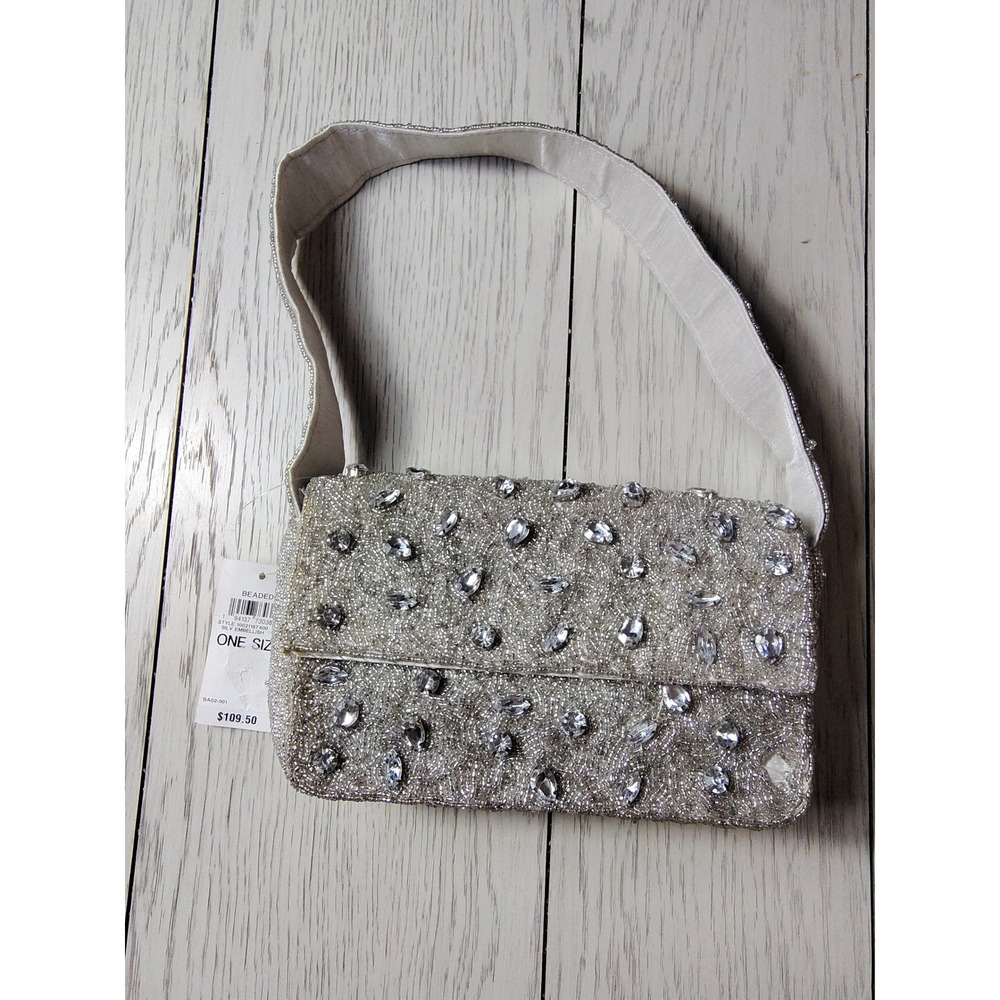 On 34th Silver Beaded Rhinestone Baguette Shoulder Bag Evening‎ Clutch NWT